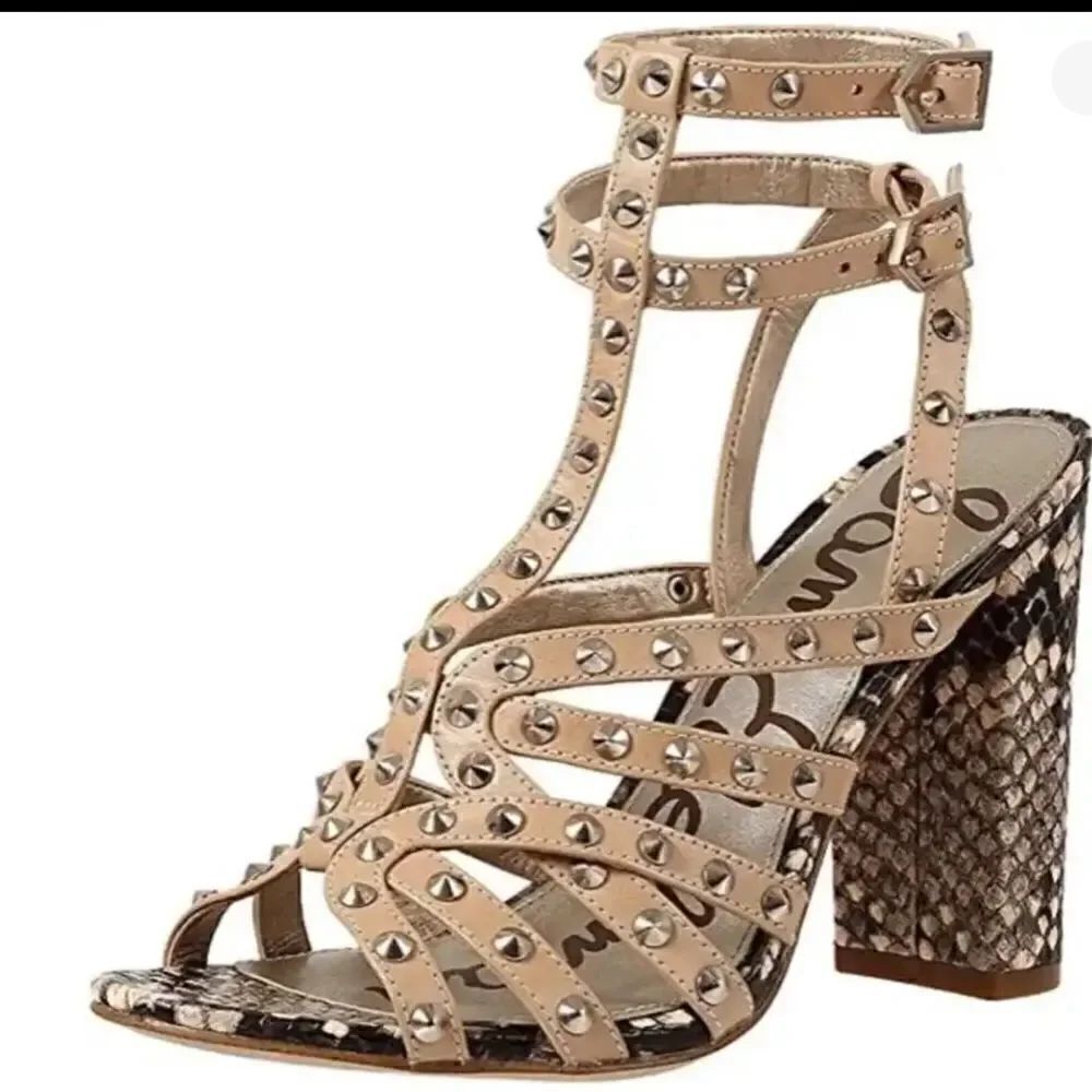 Sam Edelman Yadira leather tan studded & snake skin print Gladiator sandals SZ7